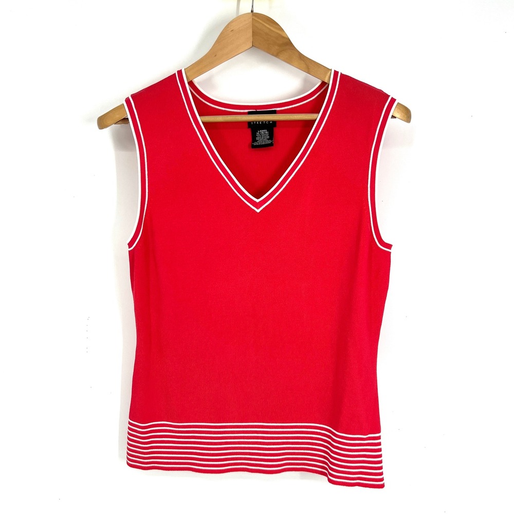 Vintage Y2K George Stretch Womens XL Red V-Neck Knit Tank Top White Striped Hem